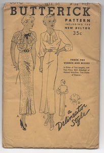 1930's Butterick One-Piece Dress with Neck detail pattern - Bust 34" - UC/FF - No. 6070