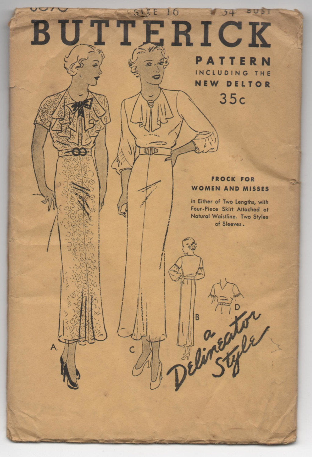 1930's Butterick One-Piece Dress with Neck detail pattern - Bust 34