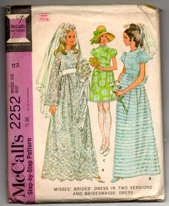 1960's McCall's Wedding and Bridesmaids Dress Pattern - Bust 34" - No. 2252
