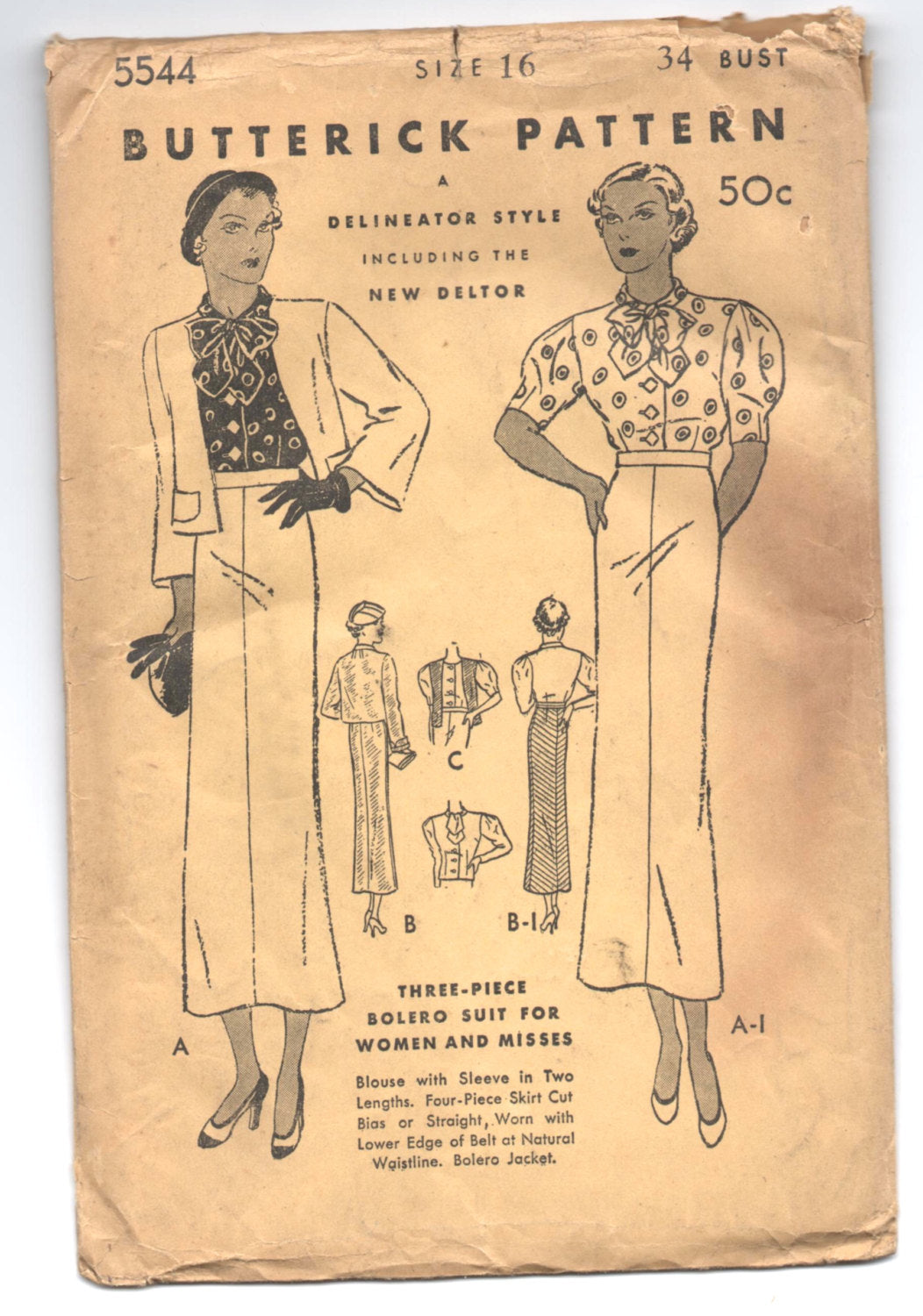 1930's Butterick Three-Piece Bolero Suit with Bow-tie collar - Bust 34" - UC/FF - No. 5544