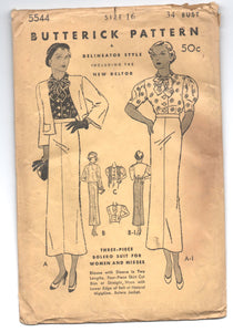 1930's Butterick Three-Piece Bolero Suit with Bow-tie collar - Bust 34" - UC/FF - No. 5544