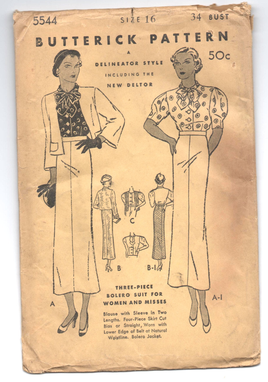 1930's Butterick Three-Piece Bolero Suit with Bow-tie collar - Bust 34
