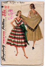 1950's Simplicity V-Neck Dress and Shawl Pattern - Bust 32" - No. 4287