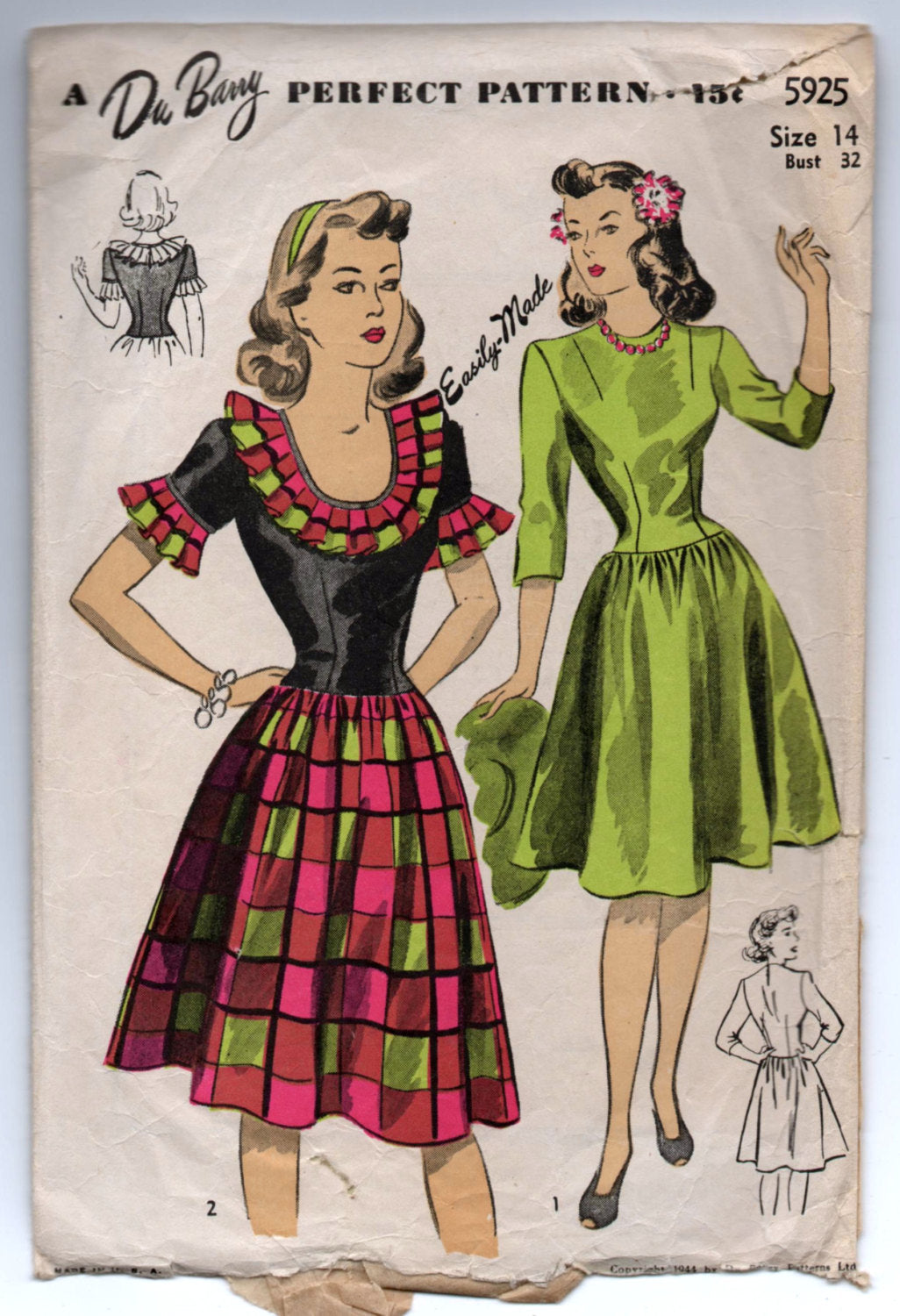 1940's DuBarry One-Piece Dress with Scoop Neck and Ruffle Trim or High Neck Pattern - Bust 32