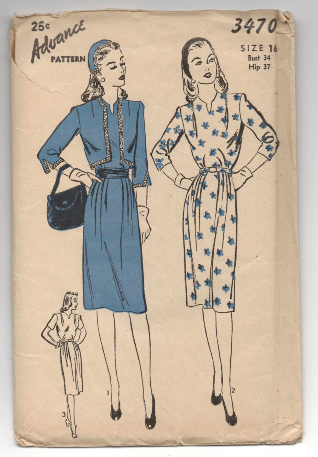 1940's Advance One-Piece Dress, Bolero Jacket and Soft Cap Pattern - Bust 34