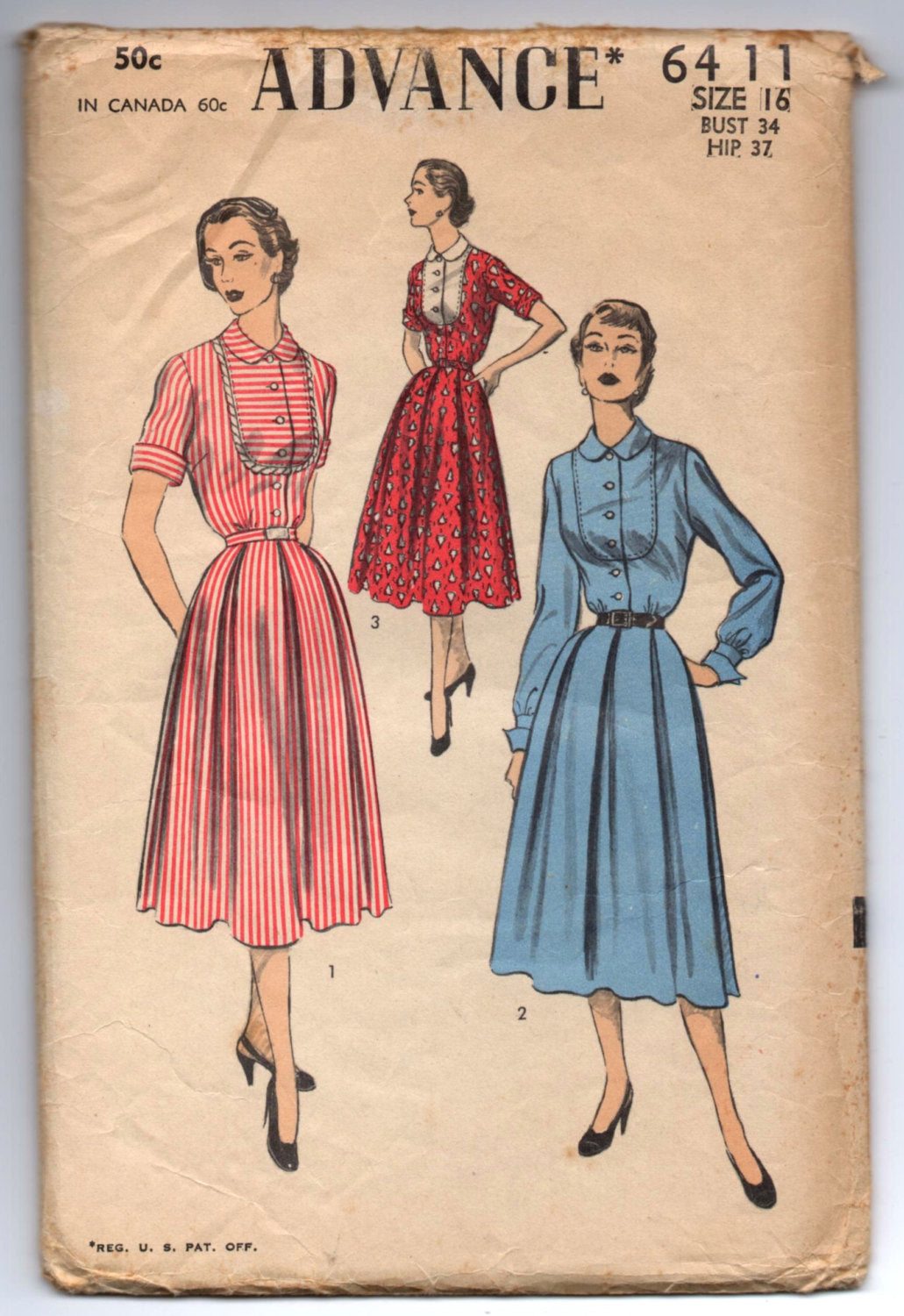 1950's Advance One-Piece Dress with contrast front Pattern - Bust 34