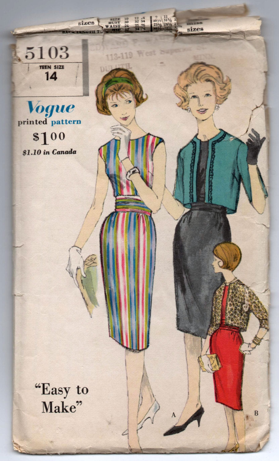 1950's Vogue Sleeveless One-Piece Dress and Bolero Jacket Pattern - Bust 34