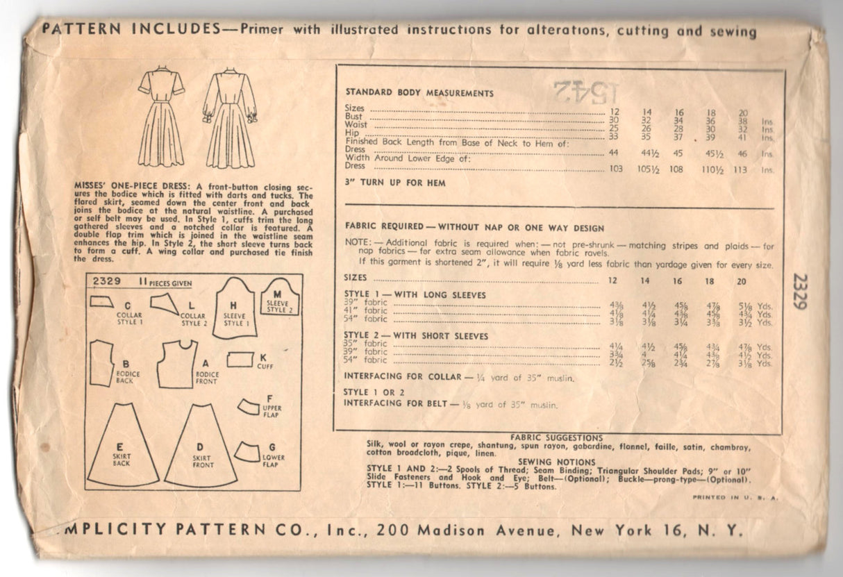 1940's Simplicity One-Piece Shirtwaist Button-Up Dress with Peplum - Bust 32" - No. 2329