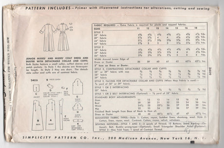 1950's Simplicity Coat Dress and Duster Pattern - UC/FF - Bust 32" - No. 3409