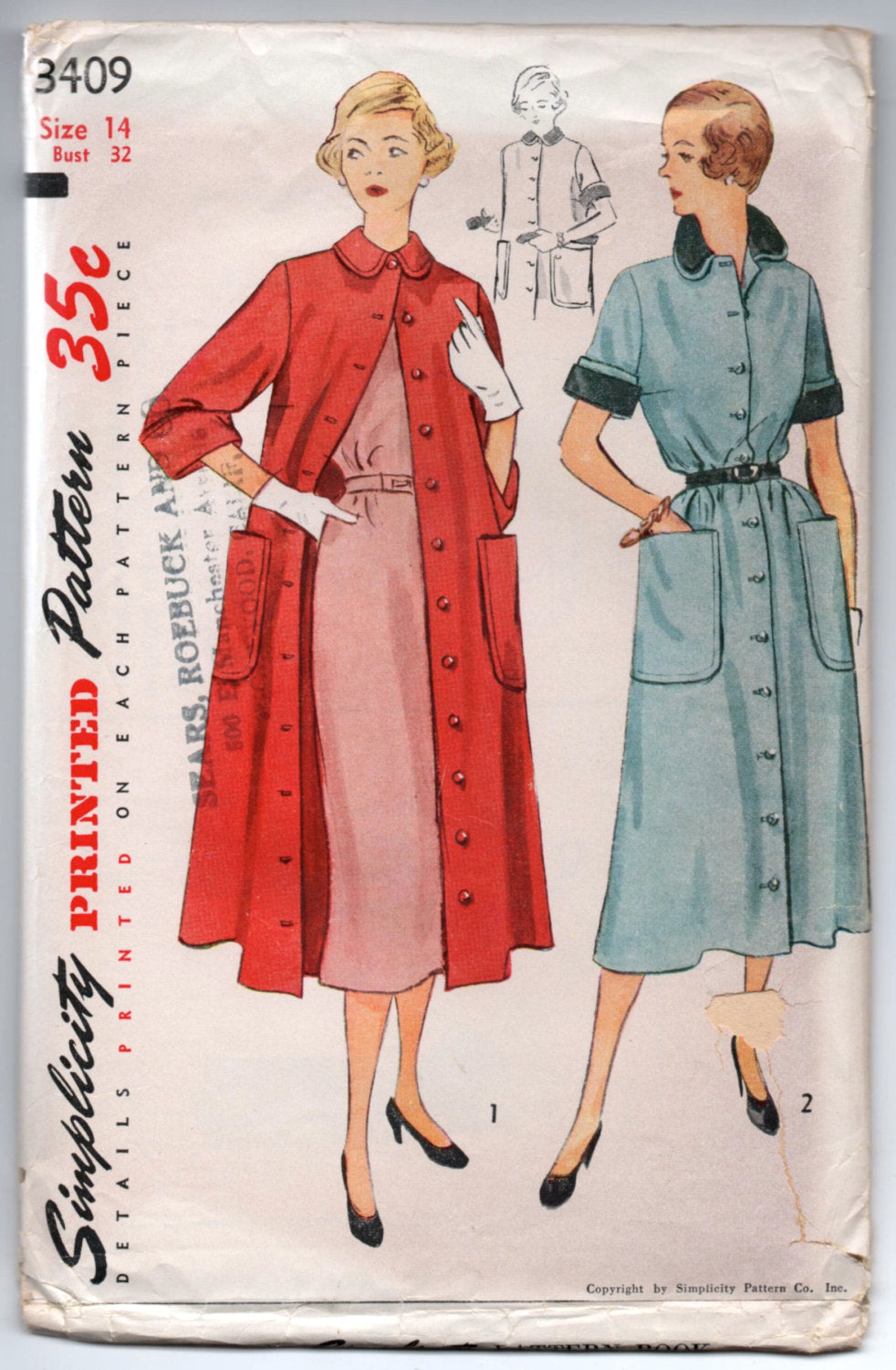 1950's Simplicity Coat Dress and Duster Pattern - UC/FF - Bust 32