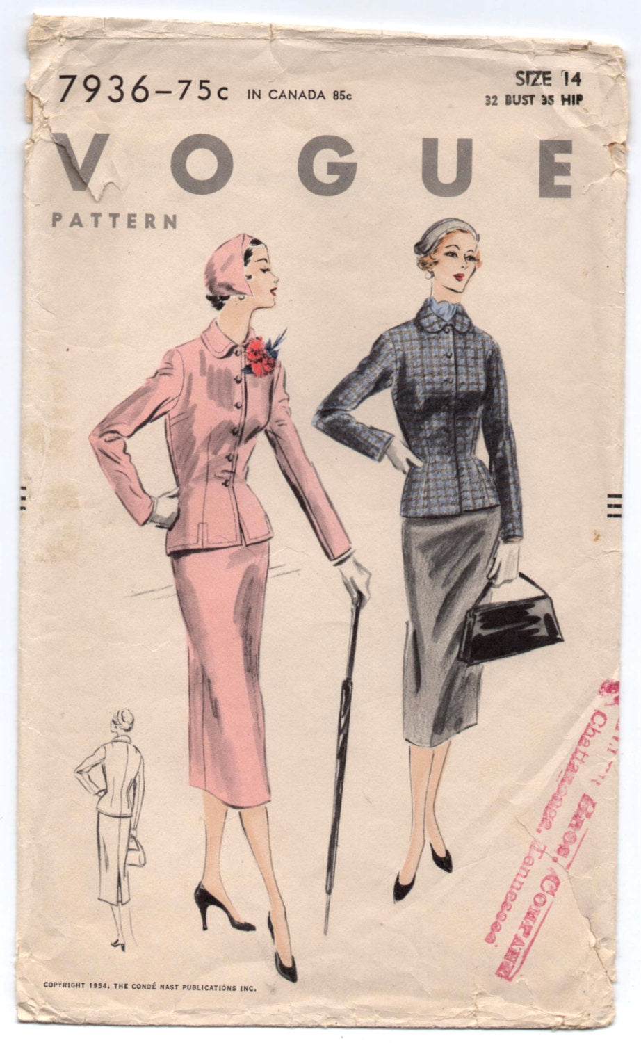 1950's Fitted Suit with Pencil Skirt by Vogue - Bust 32" - No. 7936