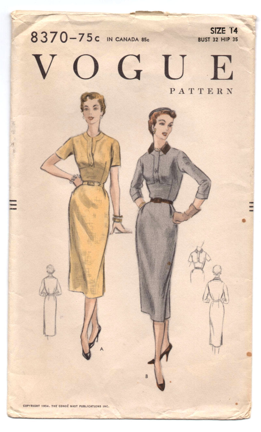 1950's Fitted One-Piece Day Dress with Pencil style Skirt and either Short or Three-Quarter Sleeves by Vogue - Bust 32" - No. 8370