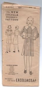 1930's Excella One-Piece Dress, Large Collar with Button detail Pattern - Bust 28" - No. E4764