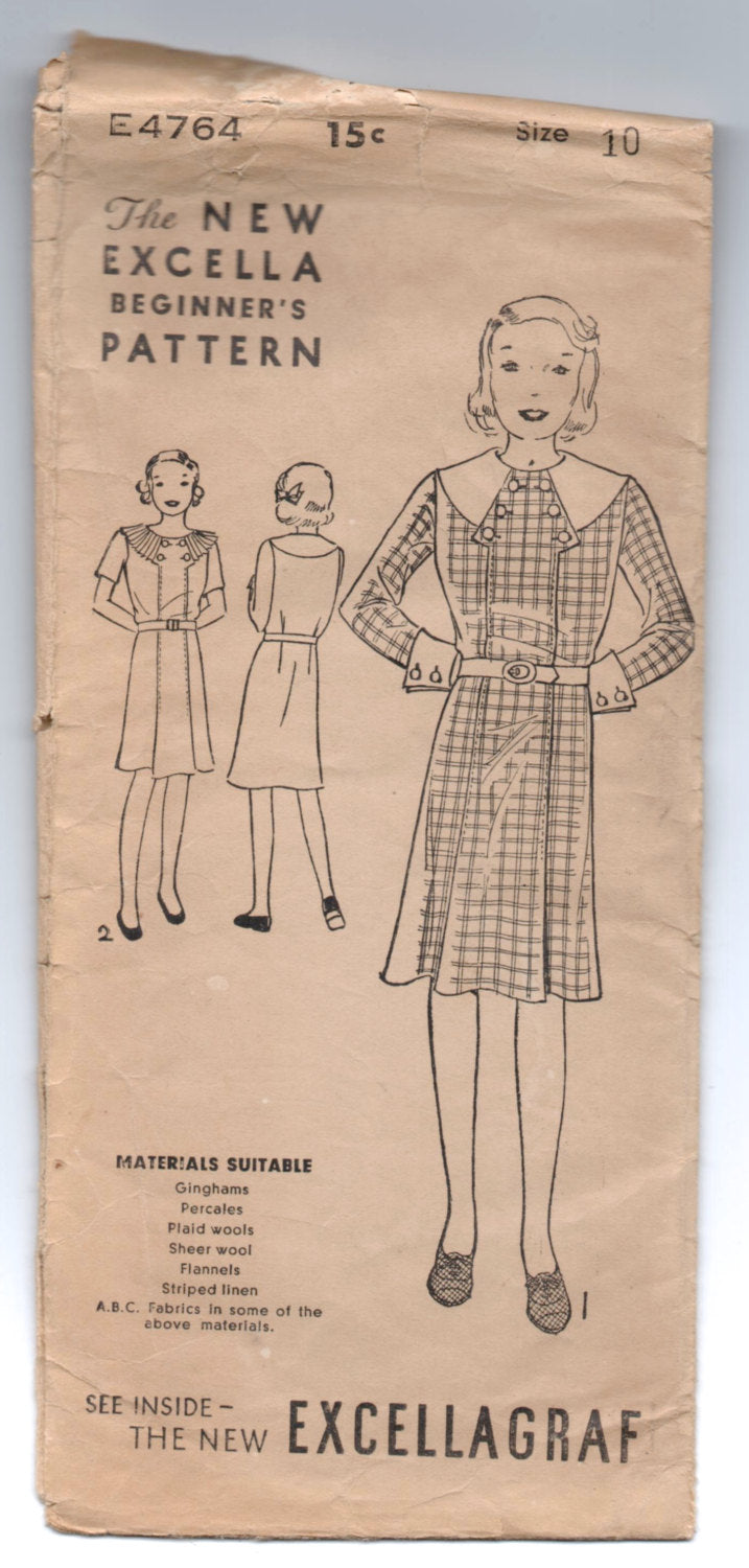 1930's Excella One-Piece Dress, Large Collar with Button detail Pattern - Bust 28