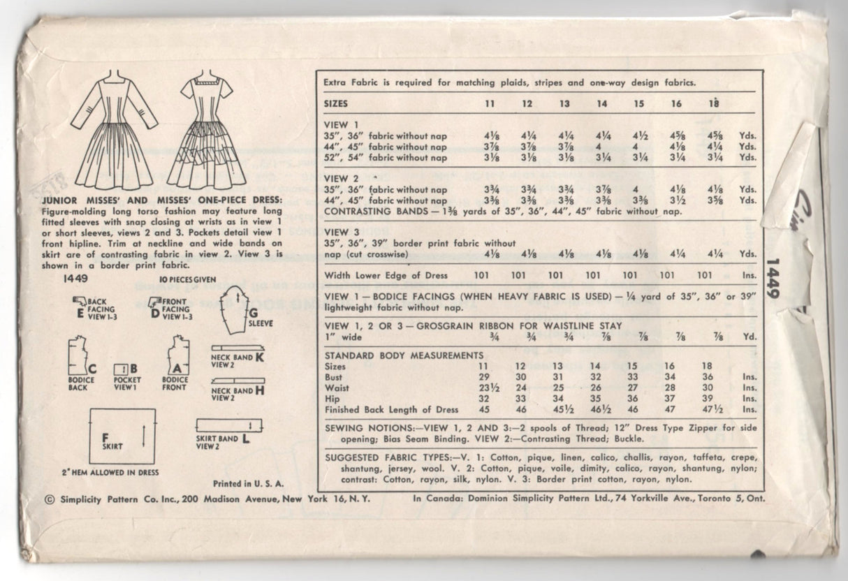 1950's Simplicity Cocktail Dress with Square neckline and Flared Skirt Pattern - UC/FF - Bust 30" - No. 1449