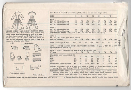 1950's Simplicity Cocktail Dress with Square neckline and Flared Skirt Pattern - UC/FF - Bust 30" - No. 1449