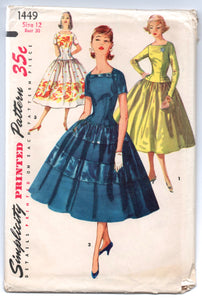 1950's Simplicity Cocktail Dress with Square neckline and Flared Skirt Pattern - UC/FF - Bust 30" - No. 1449