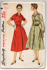 1950's Simplicity One-Piece Shirtwaist Dress with High Neck - UC/FF - Bust 30" - No. 1244
