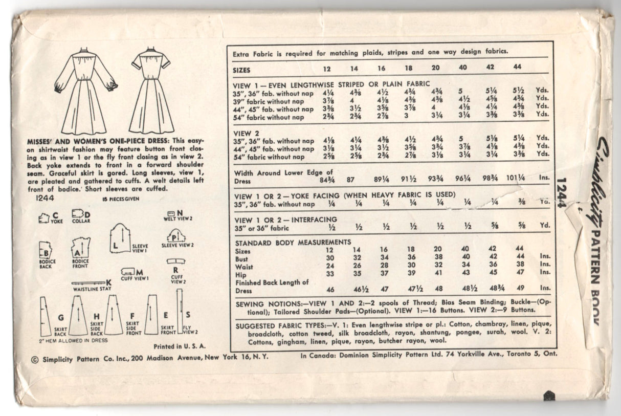 1950's Simplicity One-Piece Shirtwaist Dress with High Neck - UC/FF - Bust 30" - No. 1244