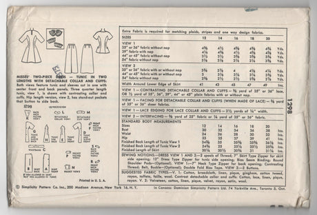 1950's Simplicity Two-Piece Dress with Pencil Skirts, Peplum, and Collar Pattern - UC/FF - Bust 30" - No. 1298