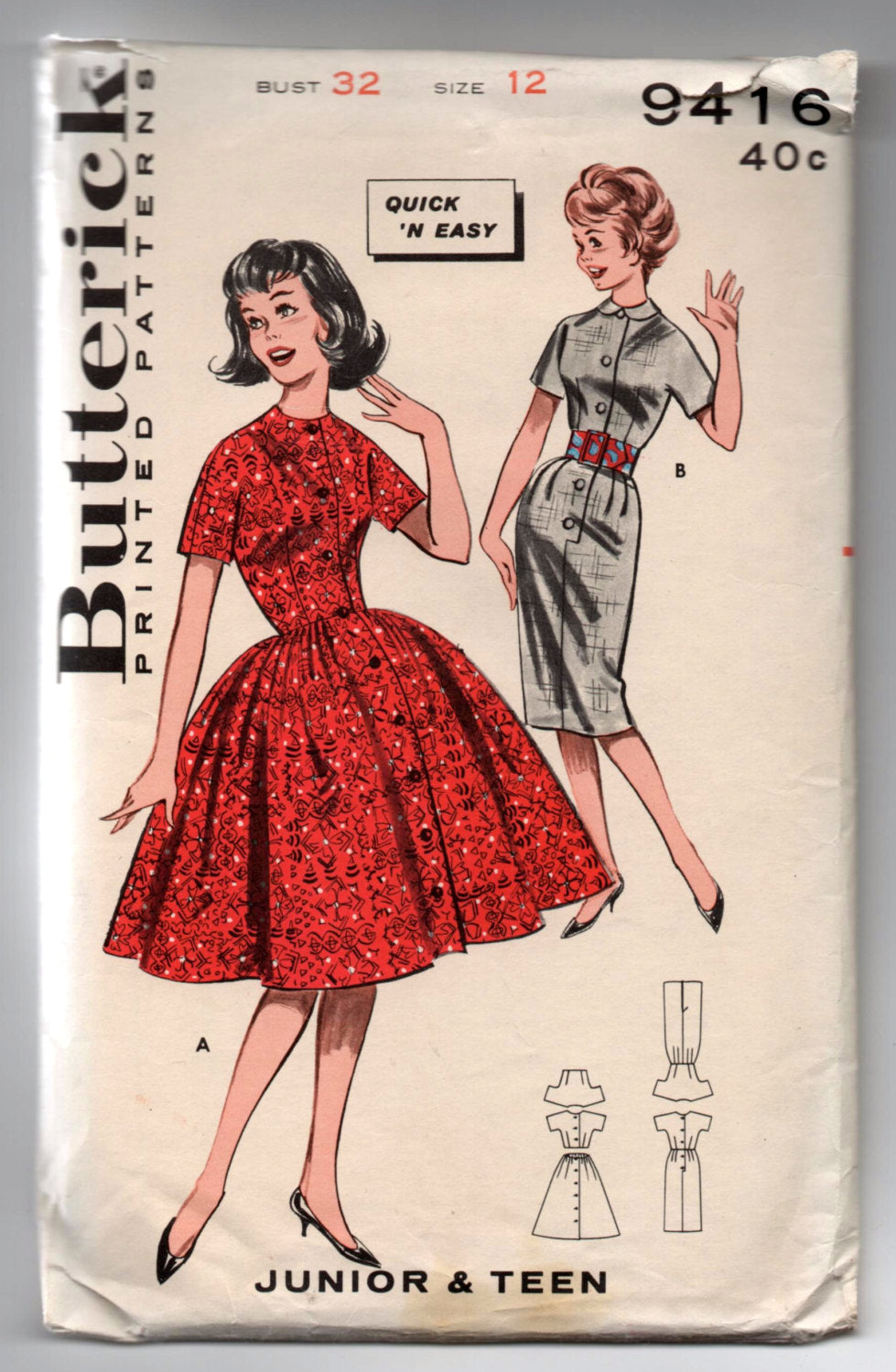 1960's Butterick One-Piece Dress with Full or Slim Skirt Pattern - Bust 32