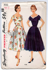 1950's Simplicity Day Dress with Curved V Neckline with Yoke Detail Pattern - UC/FF - Bust 30" - No. 1133