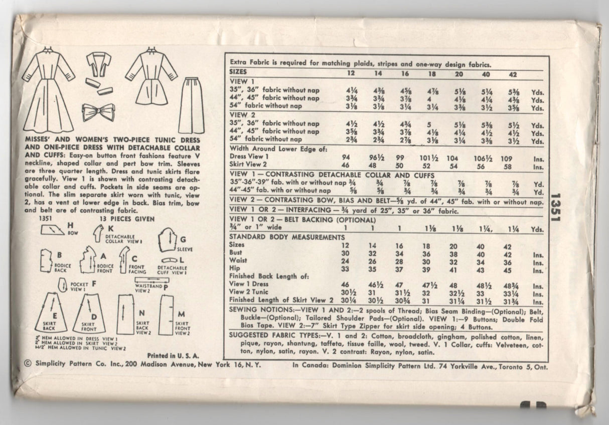 1950's Simplicity Day Dress with two Skirts, Peplum, and Bow Detail Pattern - UC/FF - No. 1351