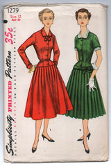 1950's Simplicity One-Piece Dress with Collar, Drop Waist and Pleats - UC/FF - Bust 30" - No. 1279