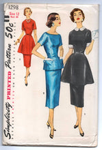 1950's Simplicity Two-Piece Dress with Pencil Skirts, Peplum, and Collar Pattern - UC/FF - Bust 30" - No. 1298