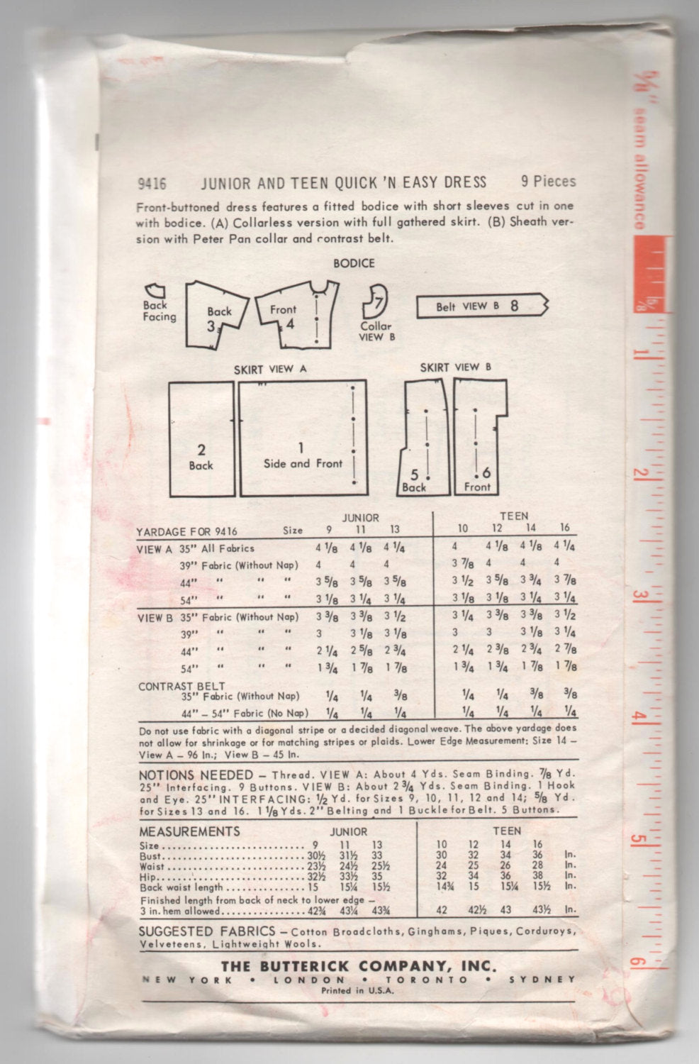 1960's Butterick One-Piece Dress with Full or Slim Skirt Pattern - Bust 32" - No. 9416