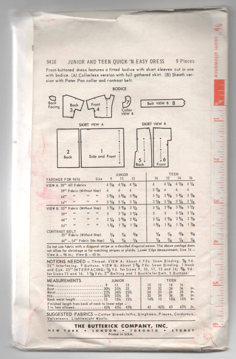 1960's Butterick One-Piece Dress with Full or Slim Skirt Pattern - Bust 32" - No. 9416