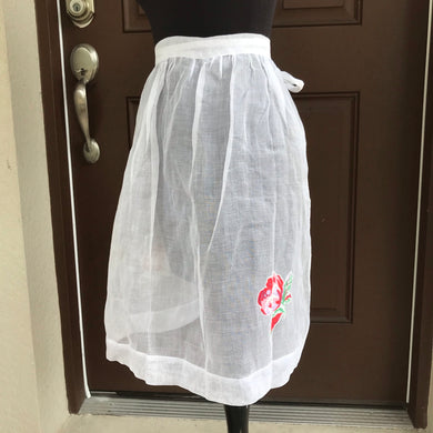 1950’s White with Rose appliqué apron - Half Apron - Organdy