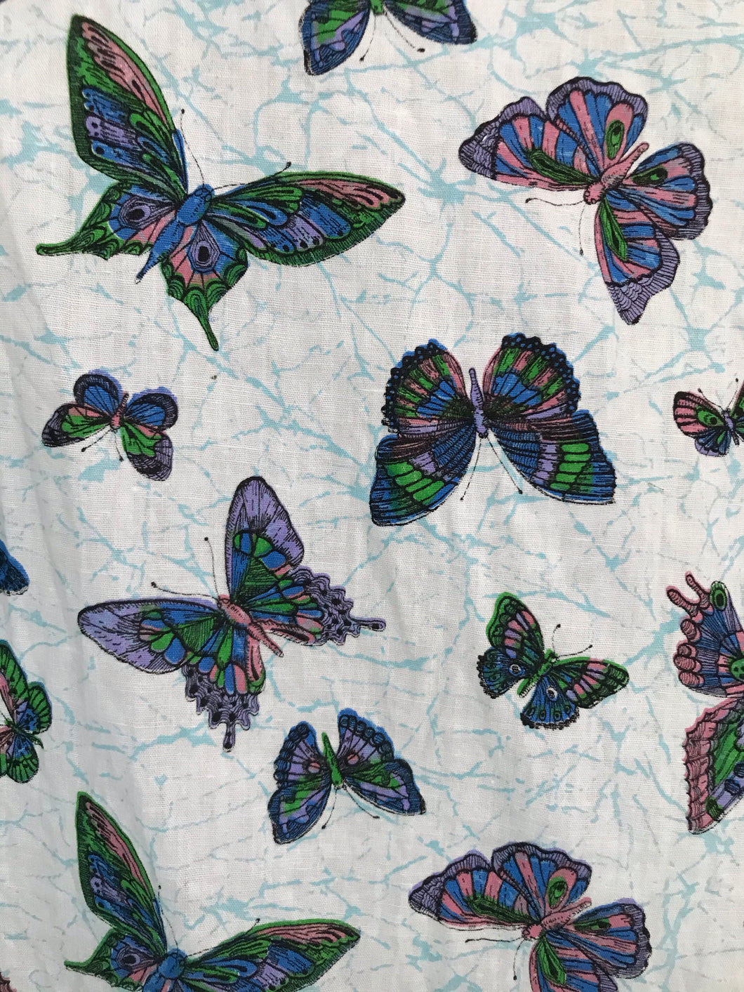 1950’s Rainbow Butterflies on white with blue veining fabric - Cotton