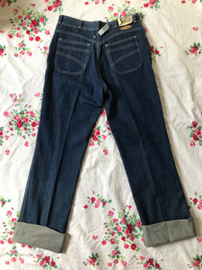 1970/80’s High-waisted Deadstock Dark Wash Jeans with rolled cuffs or straight legs - M/L