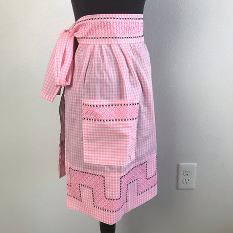 1950’s Pink Gingham with Embroidered detail - Half Apron - Cotton