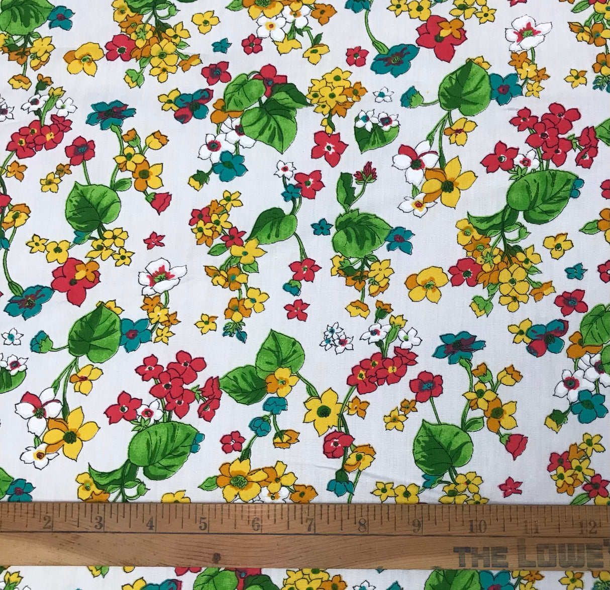 1970’s Red, Orange and Yellow Floral with Green Leaves - Cotton blend - BTY