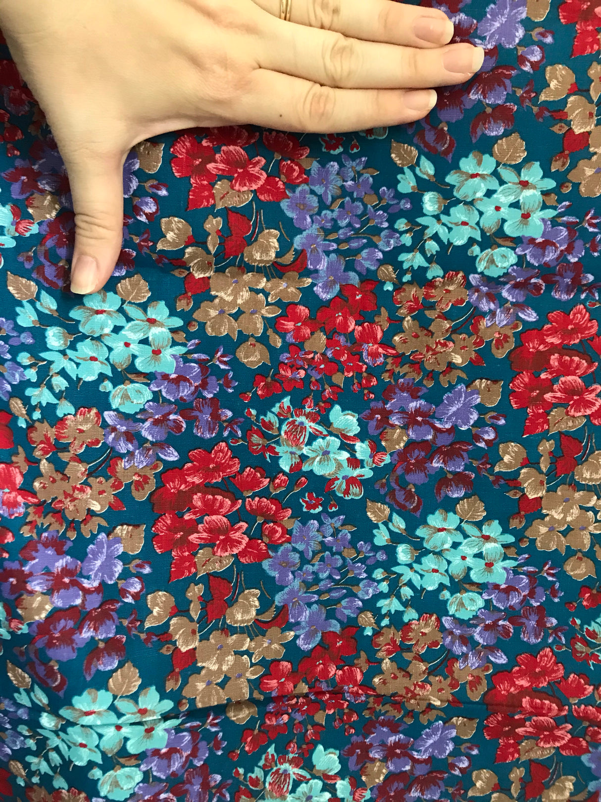 1960’s Wamsutta Mills Teal with Red, Purple, Brown and Light Blue - Cotton Blend