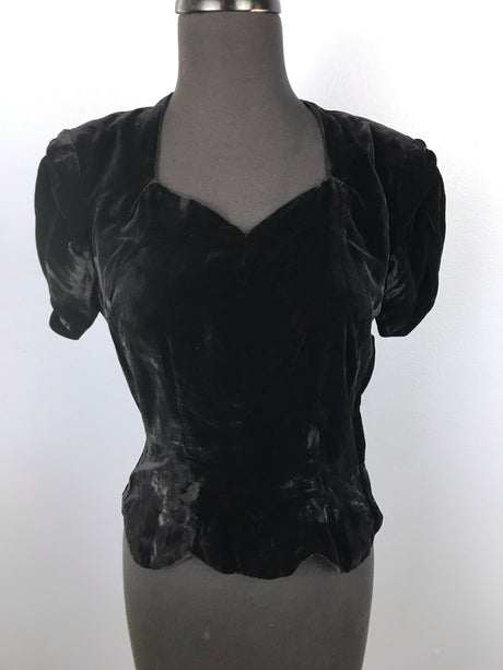 1940’s to early 1950’s Black Velvet Blouse with Scallop bottom - XS