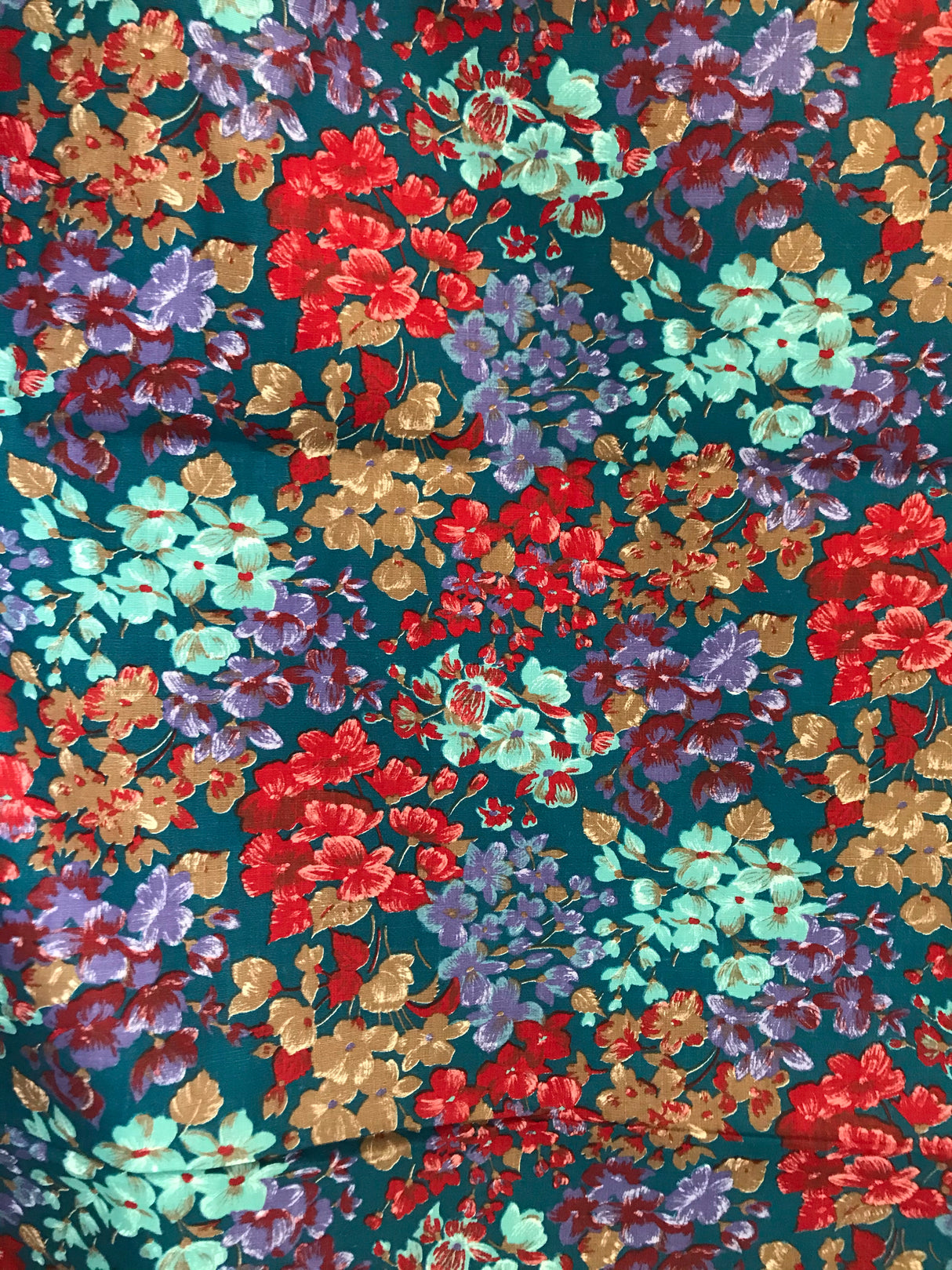 1960’s Wamsutta Mills Teal with Red, Purple, Brown and Light Blue - Cotton Blend