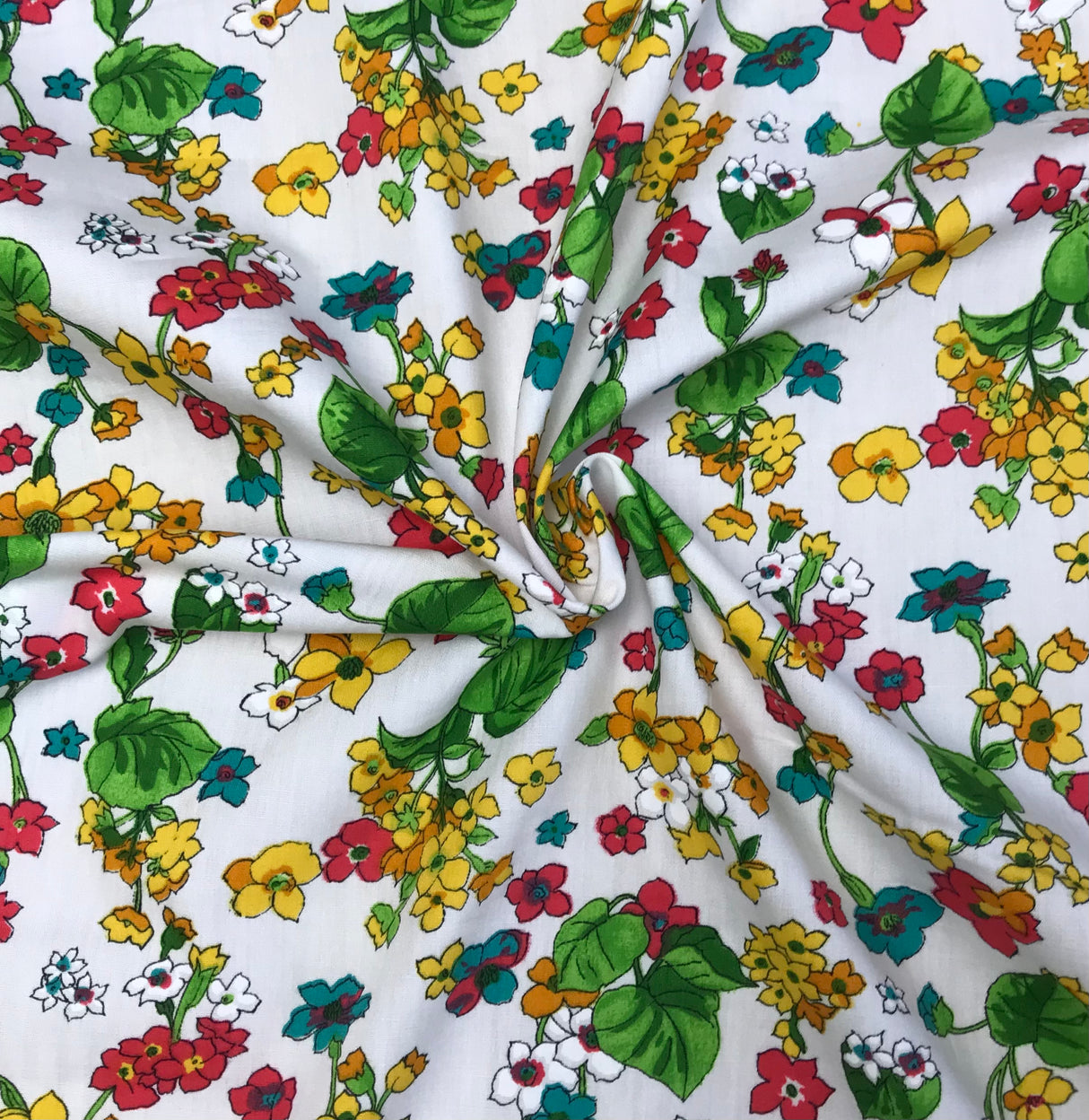 1970’s Red, Orange and Yellow Floral with Green Leaves - Cotton blend - BTY