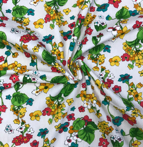 1970’s Red, Orange and Yellow Floral with Green Leaves - Cotton blend
