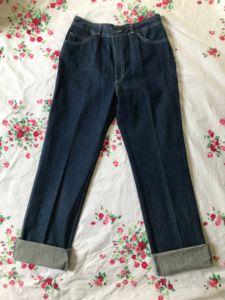 1970/80’s High-waisted Deadstock Dark Wash Jeans with rolled cuffs or straight legs - M/L